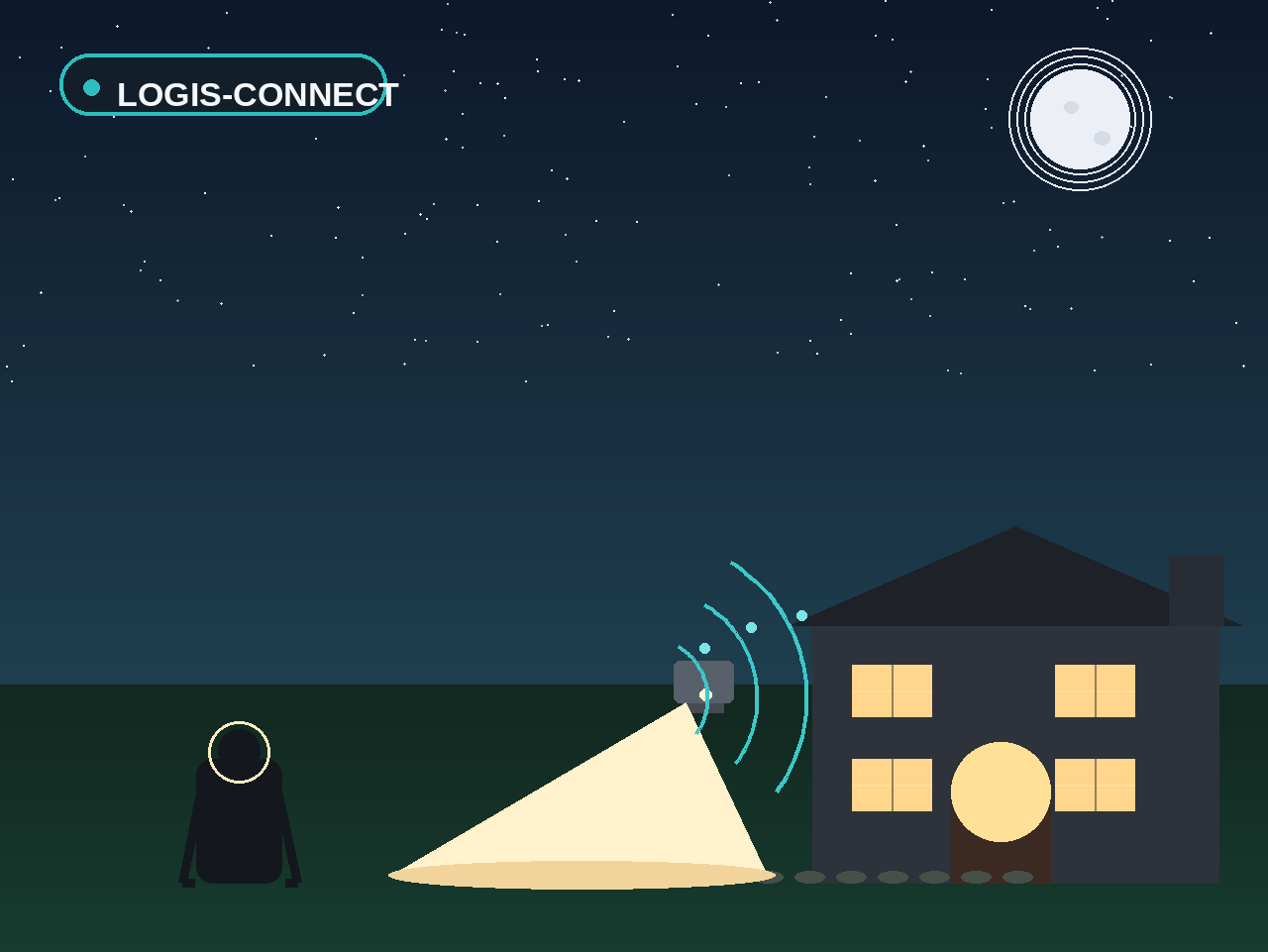 Smart outdoor security lighting: intelligent LED floodlight with motion sensor lighting up the facade of a house at night