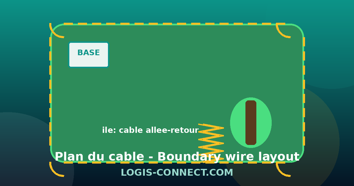 Boundary wire layout for a robot lawn mower: charging base, loop around the garden, island with twisted out-and-back pair