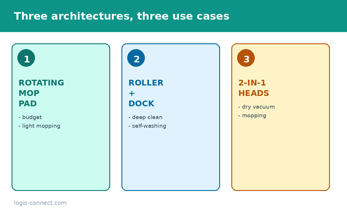 Three robot mop architectures: rotating pad, roller with self-washing dock, and 2-in-1 interchangeable heads